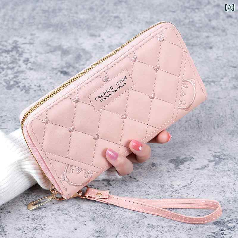 刺繍 長財布 レディース 韓国 ファッション ジッパー 携帯電話 バッグ 大容量 多機能 クラッチ ロング ピンク ブラック ブルー