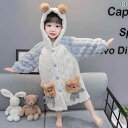 ルームウェア バスローブ キッズ 女の子 暖かい 秋冬 かわいい ガウン 子供 もこもこ ベルベット ロング 厚手 グレー ブルー ピンク
