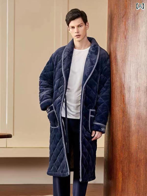 バスローブ レディース メンズ ガウン ルームウェア 冬 シンプル もこもこ 厚手 ミドル ブルー グレー キルティング