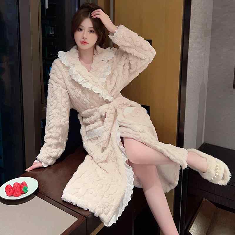 バスローブ レディース ガウン ルームウェア おしゃれ かわいい フリル 秋冬 ロング 韓国 厚手 パジャマ 大きいサイズ ホワイト ピンク