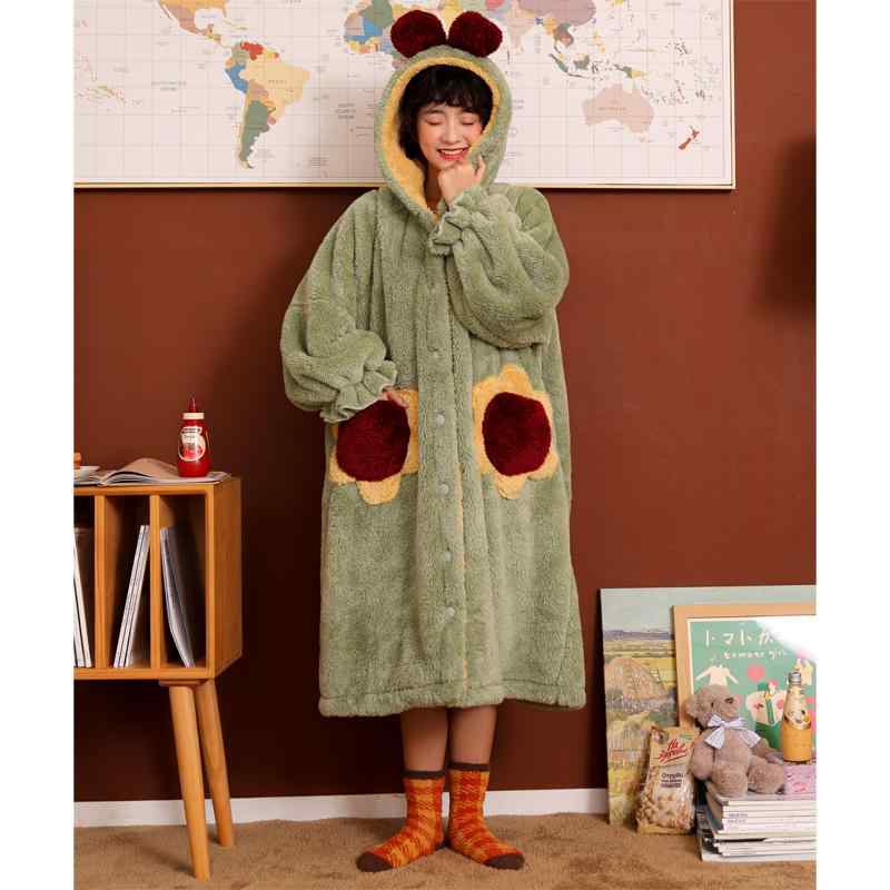 バスローブ レディース ガウン ルームウェア かわいい 秋冬 パジャマ 厚手 ロング 暖かい 韓国 フード付き ひまわり ハート 恐竜 グリーン ピンク ブルー