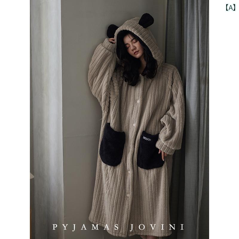 バスローブ レディース ガウン ルームウェア おしゃれ かわいい 秋冬 ロング フード付き くま耳 厚手 パジャマ パンツ