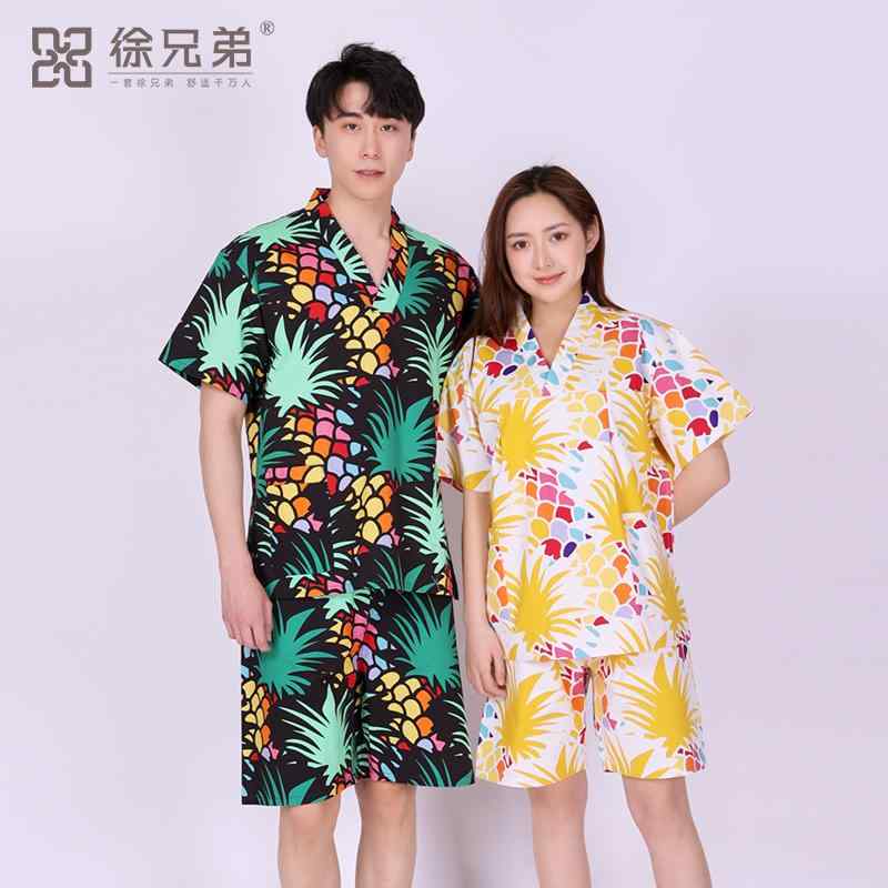 サウナ服 パジャマ ルームウェア メンズ レディース コットン 入浴 マッサージ レトロ ブルー ピンク ブラック