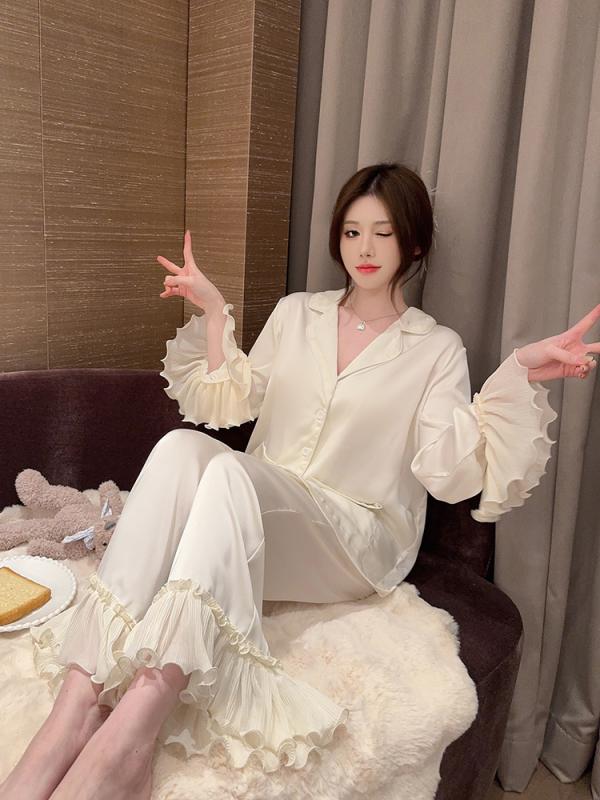 ルームウェア レディース 部屋着 パジャマ 春秋 ガーリー おしゃれ 長袖 パンツ 前開き フリル 韓国