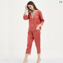 パジャマ レディース ルームウェア シルク 春夏 長袖 パンツ プルオーバー 2点 セット ギフト レース レッド