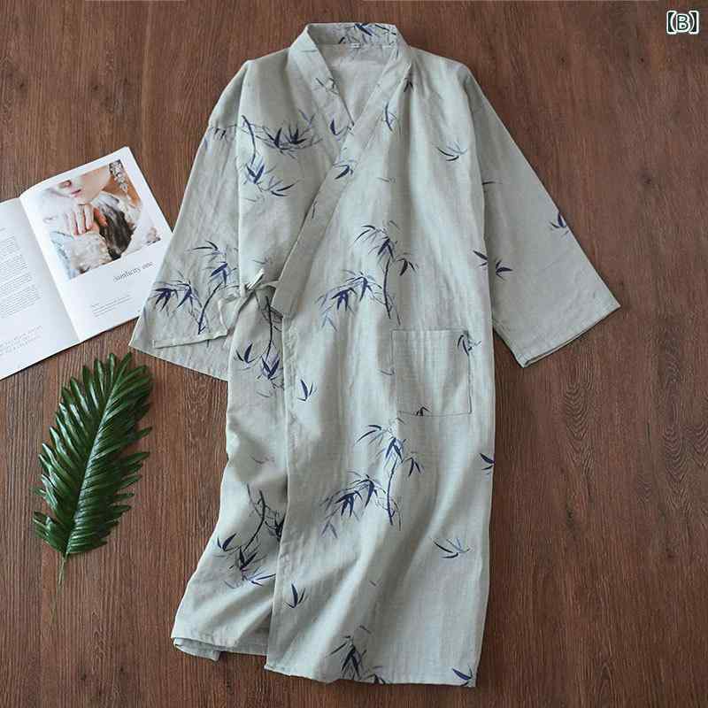 メンズ おしゃれ 部屋着 ルームウェア パジャマ 春夏秋 ホーム 家庭 カジュアル 祭 花火 温泉 浴衣 ローブ 綿 薄手 ルース ネグリジェ 緑 グレー
