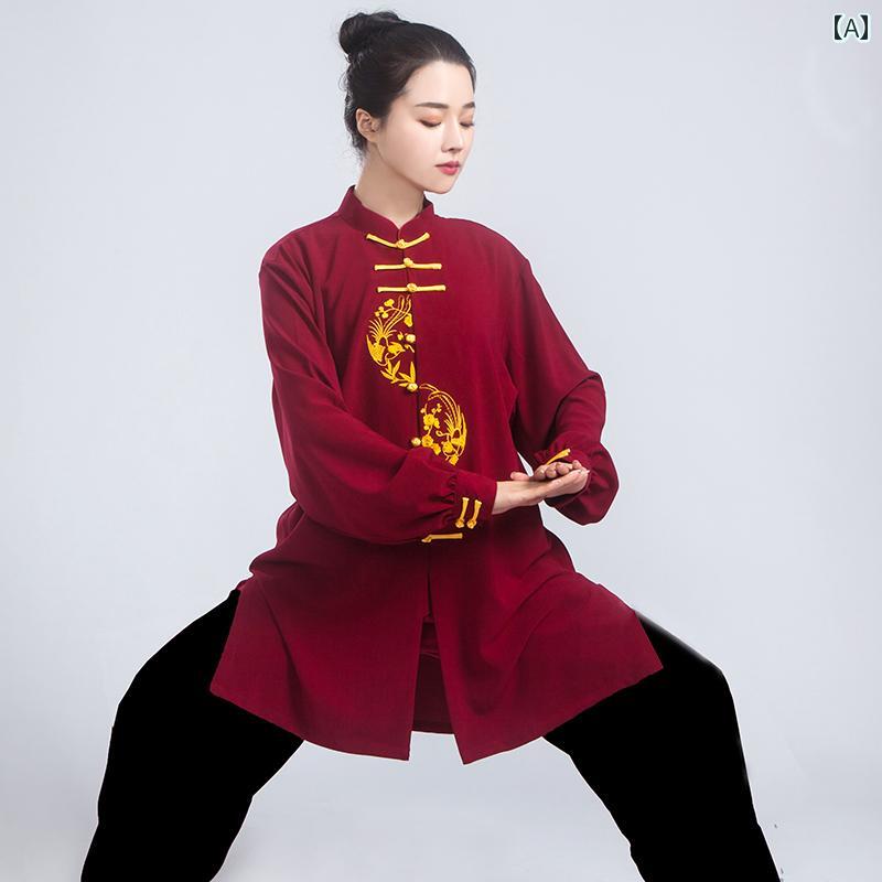 太極拳 服 レディース メンズ カンフー 武術 ウェア トレーニング 格闘技 春秋 刺繍 ミドル丈 コットン 練習 ホワイト レッド ブラック