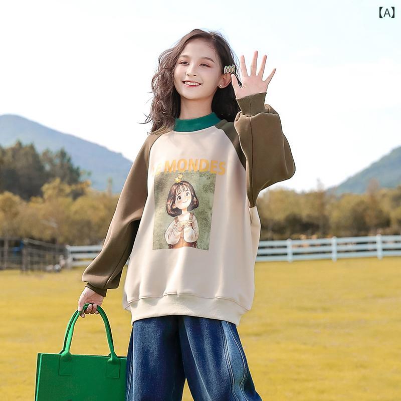 キッズ トレーナー 子供服 女の子 スウェット トップス 春秋 長袖 プリント ファッション ブラウン ネイビー ブルー