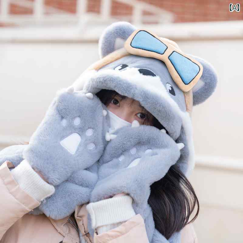 帽子 レディース くま耳 防寒 冬 かわいい 暖かい フード付 マフラー 一体型 ブルー ホワイト