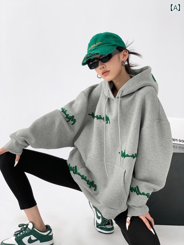 パーカー スウェット レディース フーディー おしゃれ 韓国 刺繍 フード付き 秋冬 厚手 トップス グレー ベージュ ホワイト