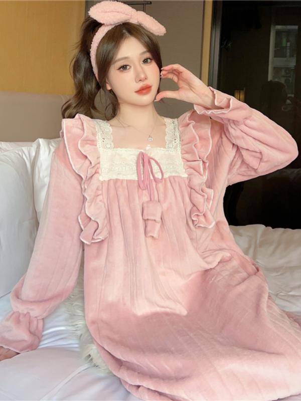 パジャマ 春秋冬 女性用 厚手 ベルベット ナイトガウン コーラル ベルベット かわいい レース プリンセス スーツ ホーム 服 ナイトウェア ルームウェア