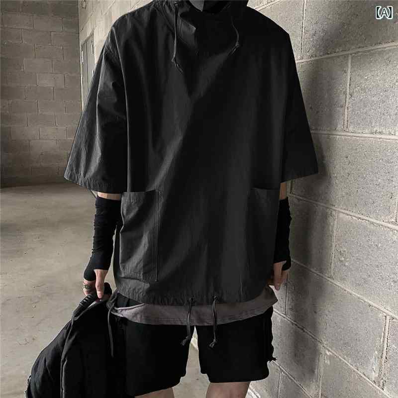 パーカー 半袖 七分袖 メンズ フード付き プルオーバー 春夏 カジュアル 大きいサイズ ダーク ナショナル ファッション ワークウェア 機能的 スウェットシャツ ブラック グリーン