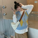 ベスト レディース 秋 おしゃれ カジュアル ノースリーブ カレッジ Vネック コントラストカラー ニット 女性 春 ルーズ 多用途 レイヤード チョッキ トッ...