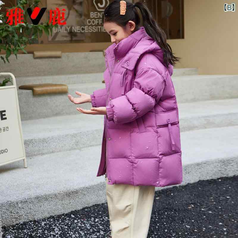 ダウンジャケット キッズ コート 子供服 アウター おしゃれ カジュアル 女の子 秋冬 厚手 フード ロング パープル イエロー グリーン