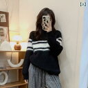 セーター レディース ニット かわいい トップス おしゃれ プルオーバー カジュアル 春秋 女性用 モヘア 豪華 コントラスト ストライプ ラウンドネック ルーズ スリム