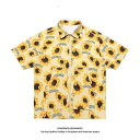 メンズ レディース ひまわり 総柄シャツ セットアップ ハワイ ビーチ 休暇 旅行 フルプリント デイジー ジッパー 半袖 シャツ オーバー サイズ ストリート シャツ