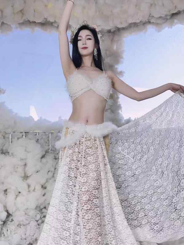 レディース ダンス ベリーダンス 秋冬 練習 服 白 ストレッチ レース ハイエンド パフォーマンス スー..