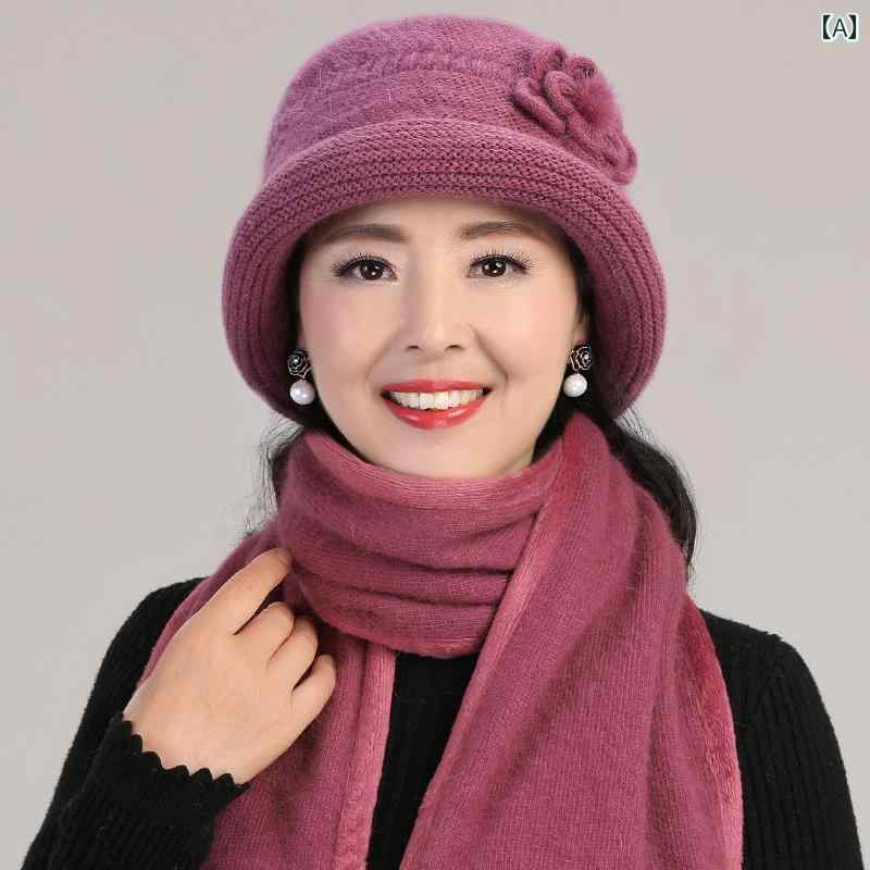 Knit Hat - 帽子 レディース 婦人 ミセス おばあちゃん 冬 ニット帽 ハット ファー 暖かい レッド パープル キャメル