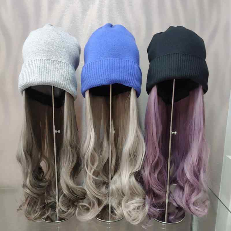髪付き帽子 ニット帽 レディース 帽子 ウィッグ付き 帽子 一体型 秋冬 厚手 ロング 巻き髪 ベージュ グレー ブラック