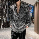 豹柄 シャツ メンズ 長袖 カジュアル ゆったり 春秋 光沢 ひんやり 涼しい 大きいサイズ 前開き ボタン 襟 トップス レジャー普段使い お出かけ かっこいい プリント シルバー