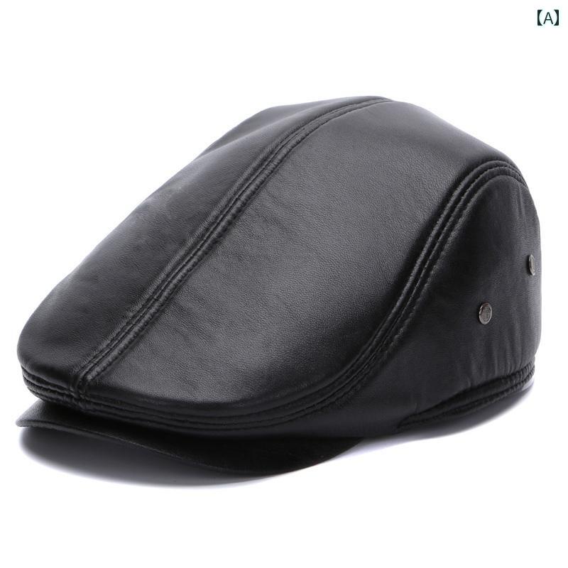 ハンチング レザー メンズ 紳士 帽子 カジュアル 革 ベレー帽 秋冬 防寒 綿 黒 茶色 ワインレッド