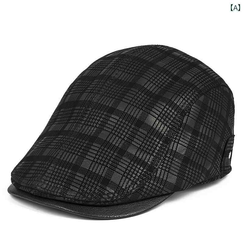 ハンチング レザー メンズ 紳士 帽子 カジュアル 大きいサイズ 秋冬 キャップ 暖かい ベレー帽 チェック 黒 茶色