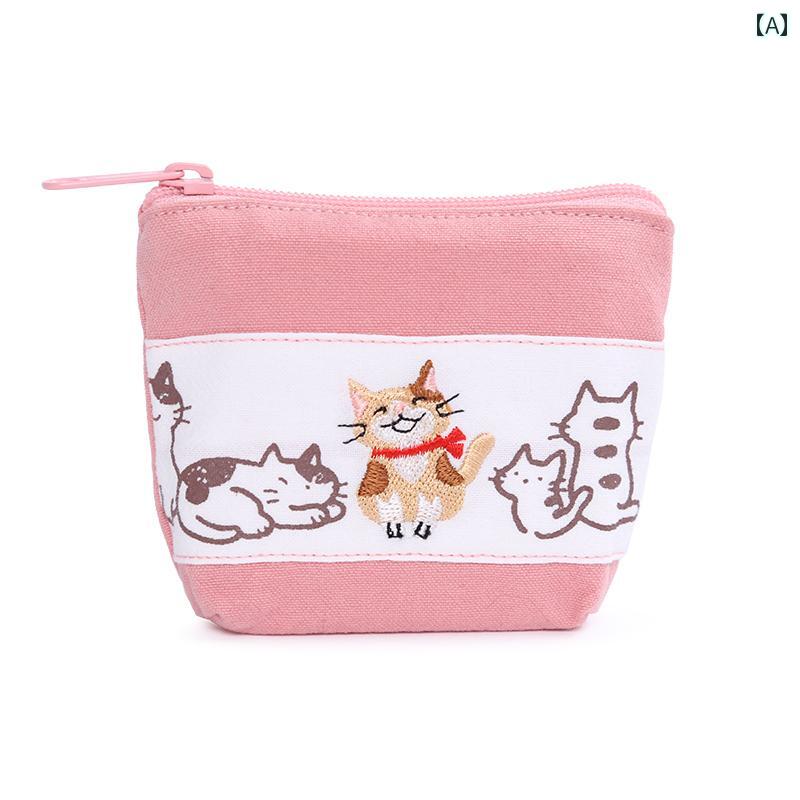 ポーチ 小銭入れ レディース ミニ 財布 コインケース シンプル イヤホン バッグ キャンバス アクセサリー 収納 ピンク ブルー グレー 猫 猫
