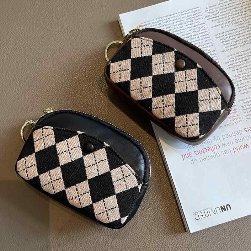 C, G - ポーチ 小銭入れ レディース ミニ 財布 コインケース ショート 収納 バッグ チェック ブラック カーキ