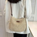 クロスボディ バッグ 普段使い レディース ビーチ 休暇 わら織り バッグ 女性 夏 スタイル シングル ショルダー 大容量 ジッパーバッグ オフホワイト カー...