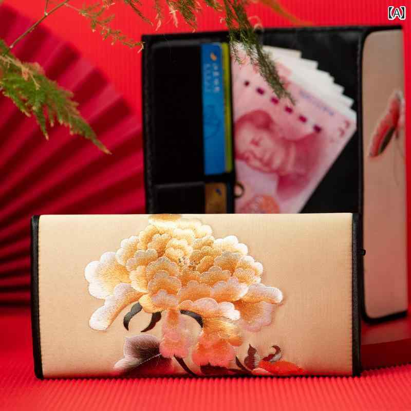 A, E, H, I, L, V, Y - 刺繍 長財布 レディース ロング 中国 カードホルダー クラッチバッグ 薄手 ゴールド ワインレッド グレー