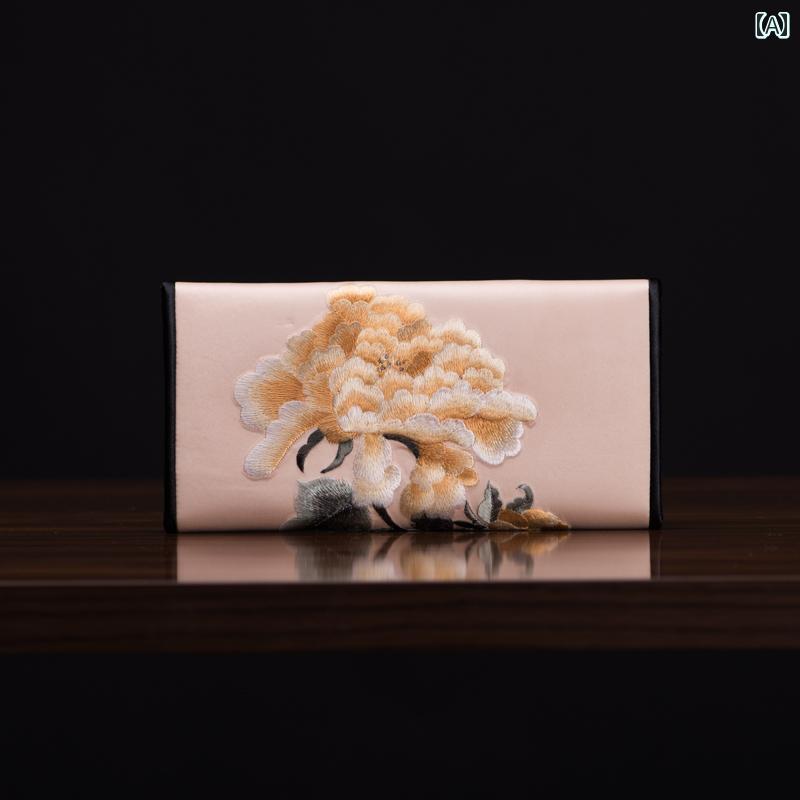 刺繍 長財布 レディース 中国風 カード バッグ ロング シンプル コンパクト 薄手 ゴールド ブルー グレー