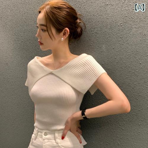トップス 韓国 シック 夏 フレンチ スリム 用途 広い オフショルダー 無地 半袖 セーター レディース