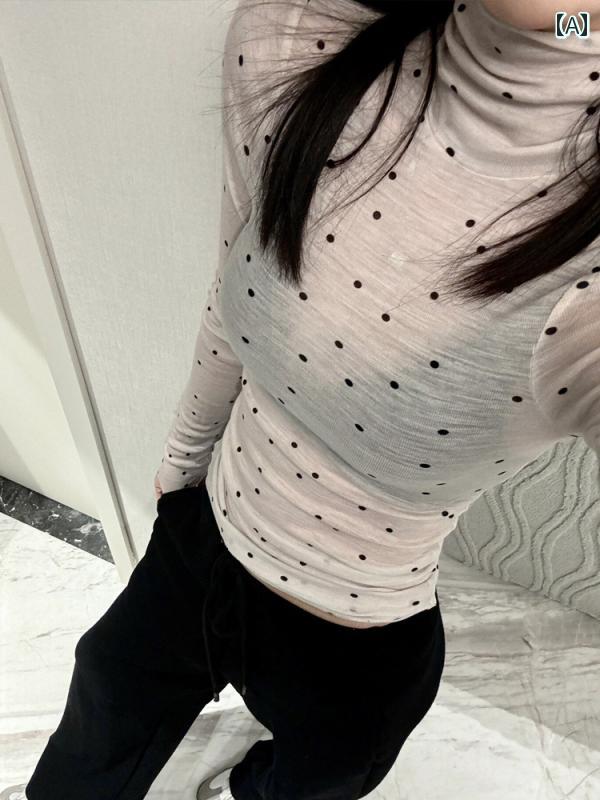 レディース ファッション 秋冬 フランス製 微 透過性 ハイネック T シャツ セーター ハイエンド スリムフィット インナー 長袖 シャツ トップス