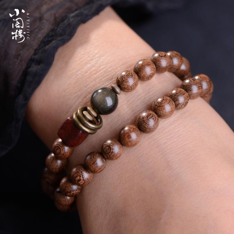 数珠 ブレスレット レディース メンズ ペア お守り 木製 腕輪 アクセサリー 小物 白檀 沈香 念珠 サンダルウッド 金曜石 ビーズ ブロンズ リング ロング 2連 エスニック レトロ シンプル おしゃれ プレゼント 茶色