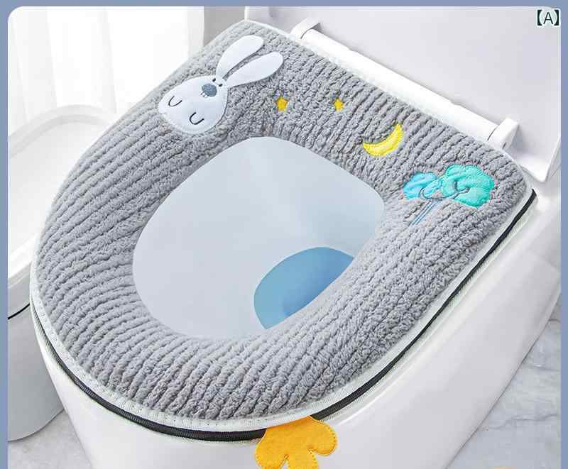 Toilet Mats - トイレカバー 便座 シート 家庭 かわいい おしゃれ オールシーズン クッション ふわふわ 取っ手付き 洗える 防水 冬 厚手 暖かい グレー ブルー