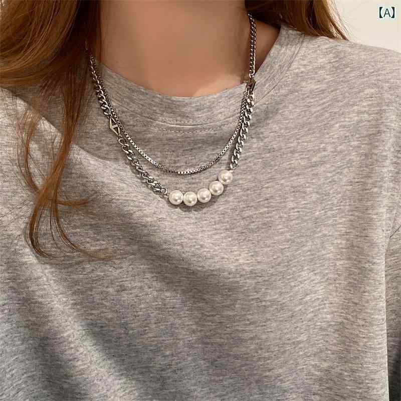 ネックレス おしゃれ かわいい ガーリー レディース 首飾り チョーカー スプライス パール 重ね付け メンズ カップル ヒップ ホップ チタン鋼 鎖骨 セーター チェーン