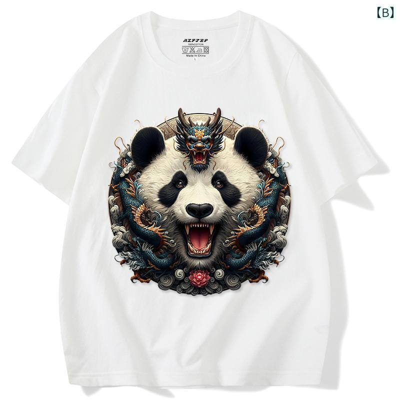 Tシャツ パンダ ドラゴン プリント かっこいい メンズ トップス 辰年 ファッション トップス コミック プリント 半袖シャツ カジュアル 中国 黒 白