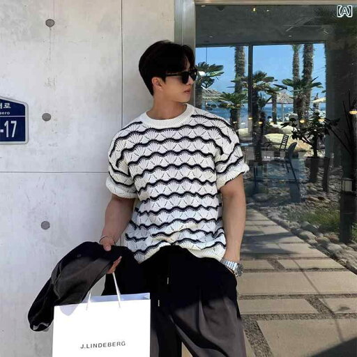 ニット 半袖 おしゃれ Tシャツ メンズ トップス 夏用 ストライプ t シャツ 通気性 良い 薄手 ラウンドネック セーター アメリカン レトロ t シャツ ニット 半袖 おしゃれ Tシャツ メンズ トップス 夏用 ストライプ t シャツ 通気性 良い 薄手 ラウンドネック セーター アメリカン レトロ t シャツ