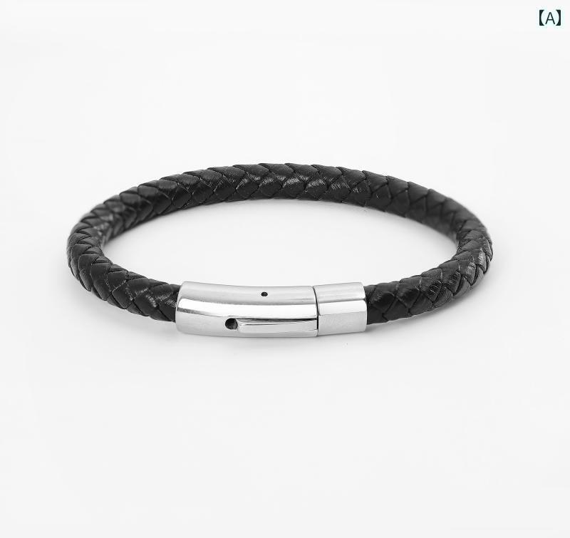 編組 ブレスレット 黒革 ロープ シンプル メンズ レディース チタン鋼 ソケット カップル アクセサリー..