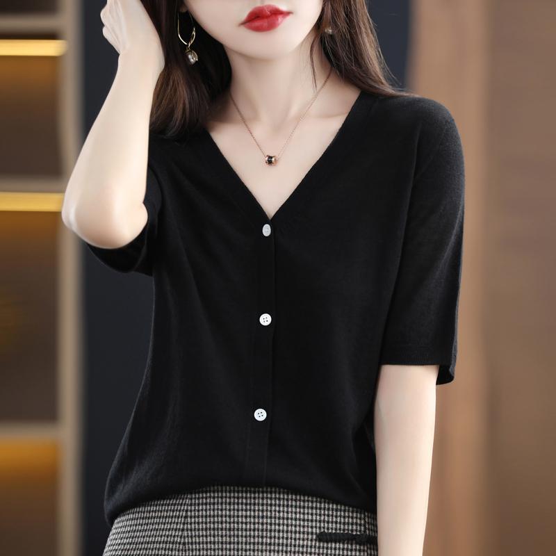 レディース トップス シャツ 夏 薄手 Vネック 冷感 半袖 カーディガン 女性 カジュアル 大きいサイズ リネン ミッド スリーブ 上品 ニットセーター
