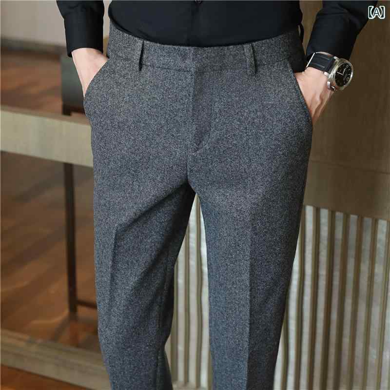 スラックス 秋冬 厚手 ズボン メンズ スリム 厚手 ビジネス フォーマル カジュアル パンツ 非 鉄 ウー..