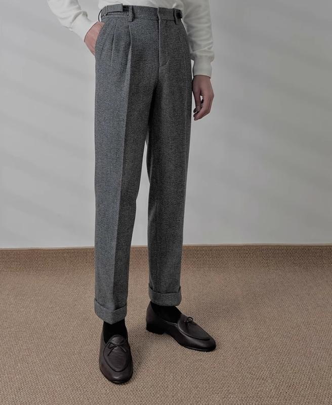 スラックス メンズ ナポリ パンツ グレー ビジネス スリム ハイウエスト ストレート スーツ パンツ 英国 レトロ 起毛 カジュアル パンツ 冬