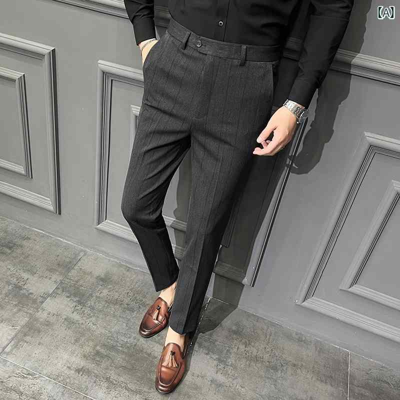 スラックス メンズ 春秋 スリム 韓国 ワイド ストライプ ドレープノー アイロン ビジネス フォーマル ..