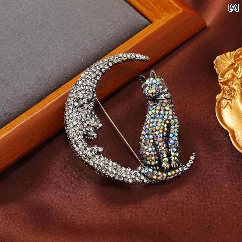 猫 ブローチ かわいい スーツ アクセサリー 動物 キャット レディース 胸飾り 装飾品 レトロ アメリカ フル ムーン コート ジャケットラインストーン