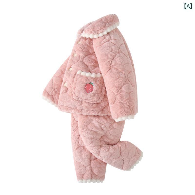 パジャマ キッズ 女の子 男の子 子供 長袖 秋冬 フランネル 厚手 ルームウェア 部屋着 もこもこ 暖かい 防臭 吸湿 保温 かわいい フリル いちご 牛 うさぎ 紫 青 ピンク