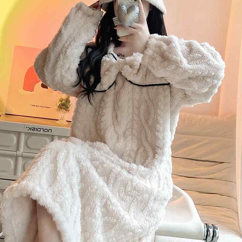 楽天モズラボモコモコパジャマ かわいい レディース 秋冬 長袖 ワンピース 部屋着 厚手 暖かい 起毛 ルームウェア お泊り マタニティ リボン ピンク 白