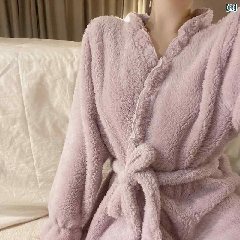 ガウン レディース 秋冬 もこもこ シンプル あったか ポケット ロング バスローブ 厚手 快適 セクシー 大人 無地 大きいサイズ ゆったり 長袖 旅行 紫 3