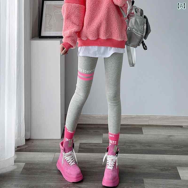 レギンス レディース 派手 綿 春秋 プリント 薄手 ボーダー アルファベット パンツ おしゃれ シンプル スポーツ フィットネス クロップド丈 弾性 グレー 黒