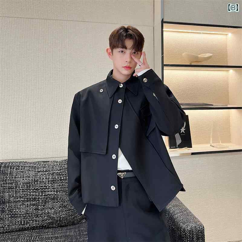 ジャケット メンズ 春 カジュアル 韓国 アウター トップス 長袖 襟 ボタン ポケット 肩パッド アシンメトリー ショート丈 ゆったり ストリート おしゃれ 白 黒