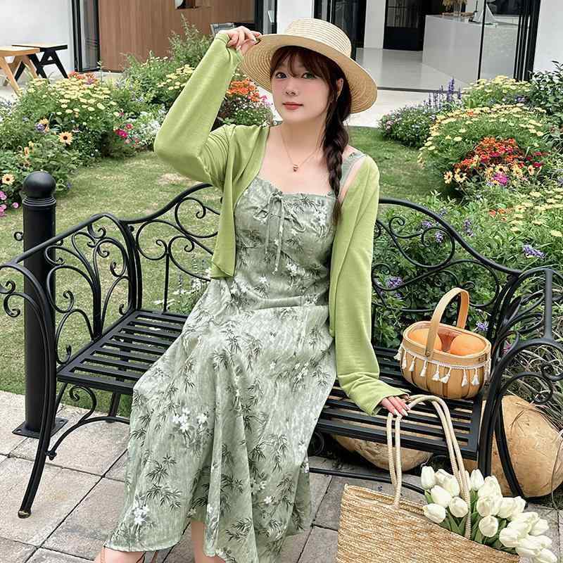 ワンピース レディース ゆったり Aライン ロング丈 2ピース セット カーディガン 長袖 春夏 大きいサイズ ぽっちゃり ショッピング 旅行 おしゃれ 花柄